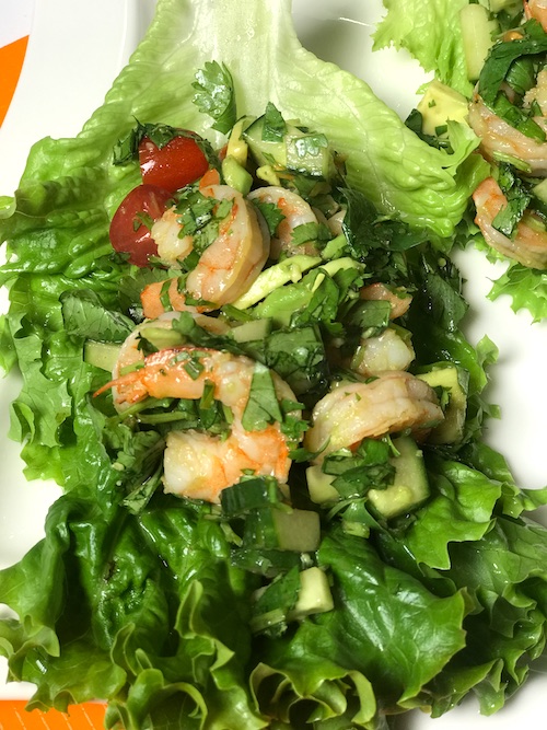 Shrimp Avocado Salad Served in Romaine Green Lettuce Leaves